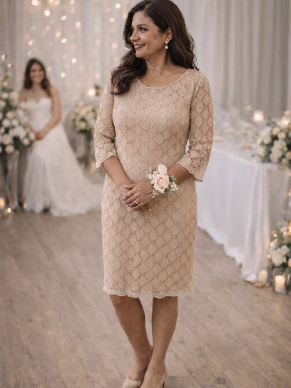 Ronni Nicole Petite Large Beige Lace Dress Mother of Bride Wedding Guest Chic